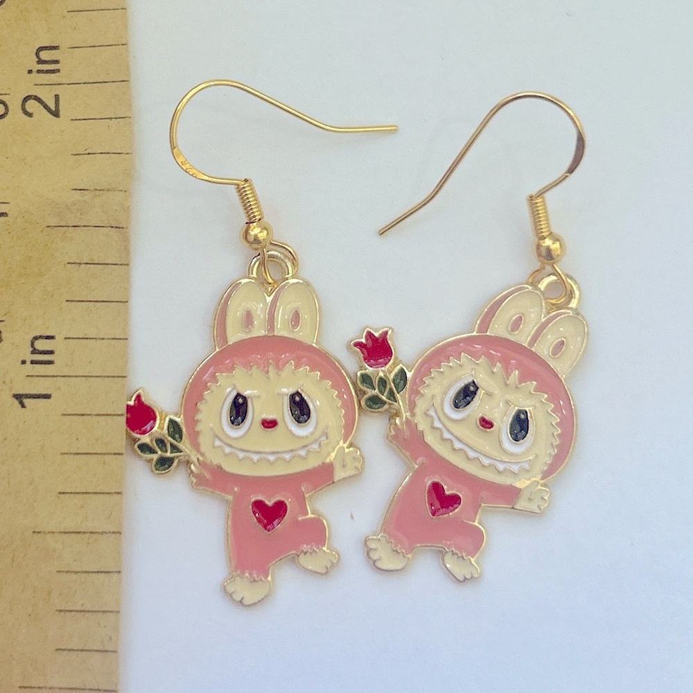 Labubu the Monsters Enamel Fishhook Earrings- Gold Tone, hypoallergenic